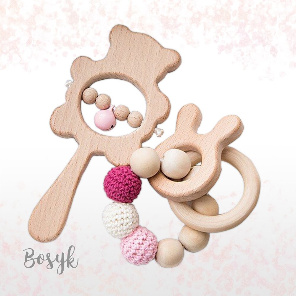 NEW - Rabbit Set  PinkTeether Wooden Rattles - Picture 3 of 5